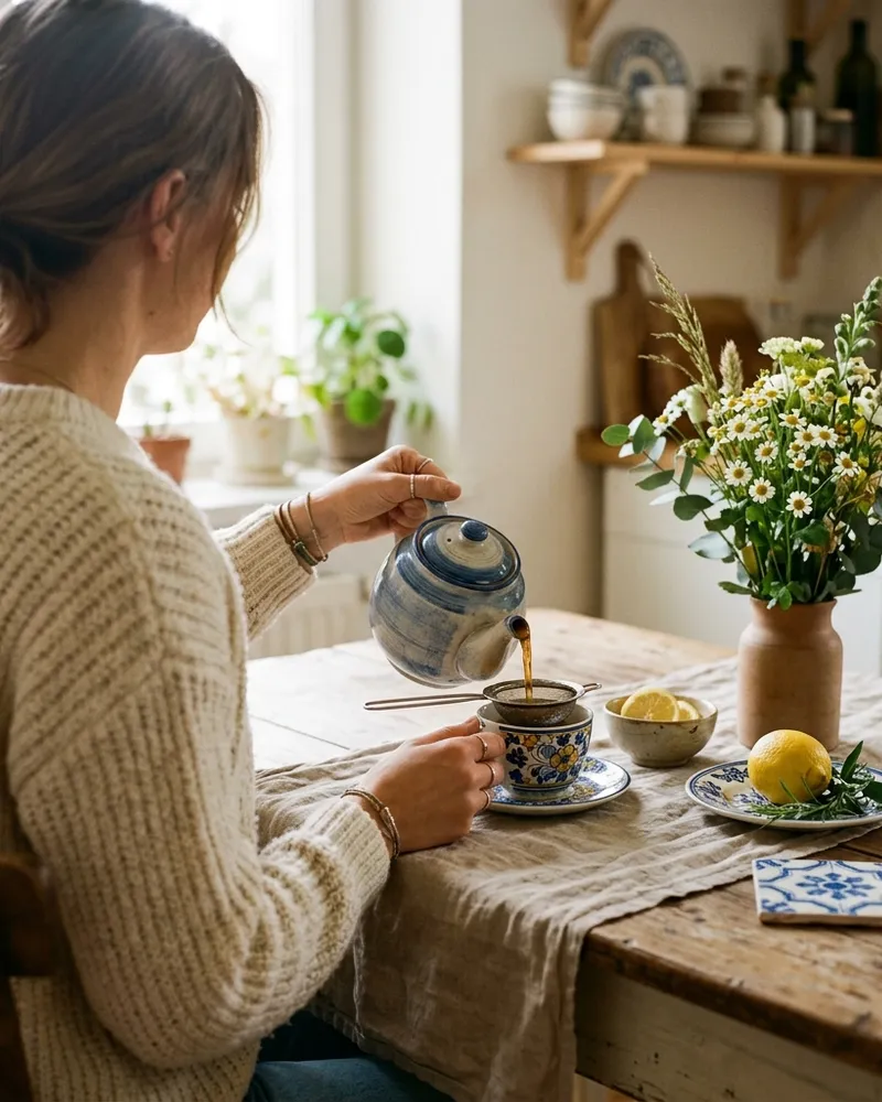 Mulher em momento tranquilo à mesa do limoeiro, servindo chá ao lado de limões e flores do campo